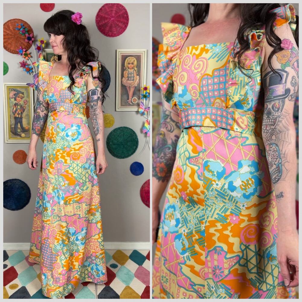Vintage 1970s Pastel Psychedelic Print Sleeveless Ruffled Maxi Dress